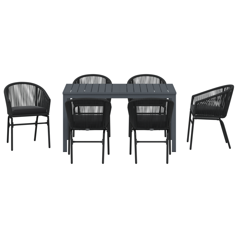 7-teiliges Garten Essgruppen Set mit Kissen Schwarz Poly Rattan