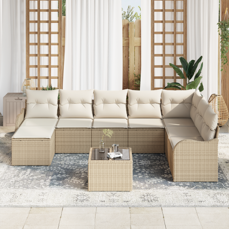 9 teiliges Garten Sofa Set mit Kissen Braun Poly Rattan