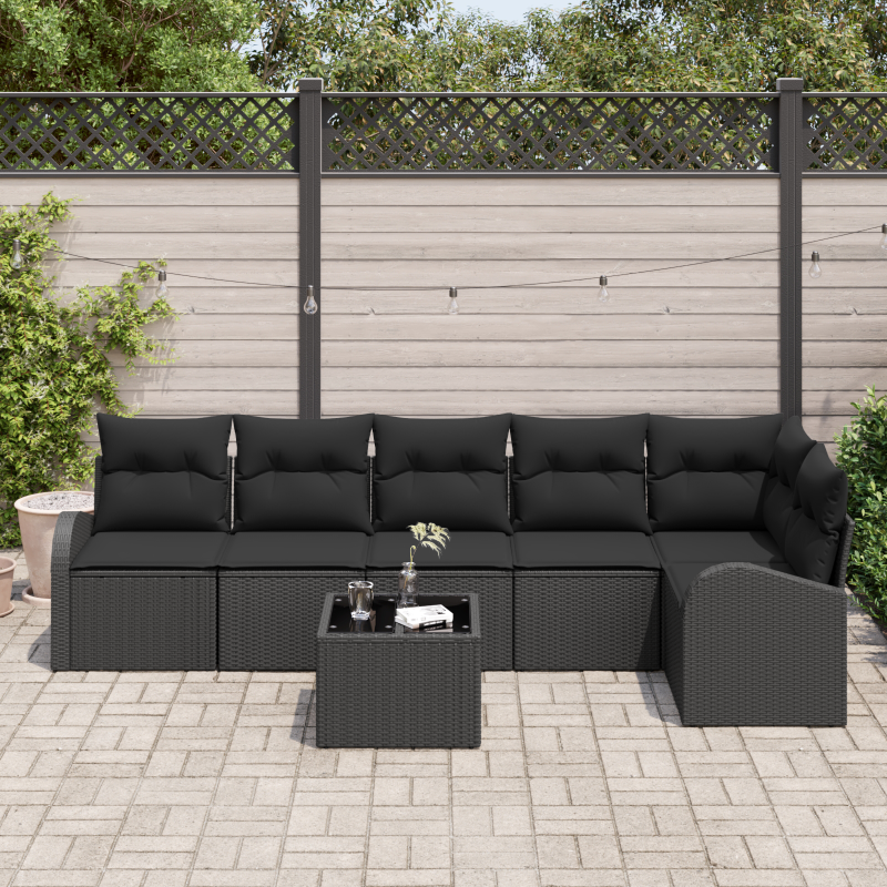 7-teiliges Garten-Sofa-Set mit Kissen Schwarz Poly-Rattan