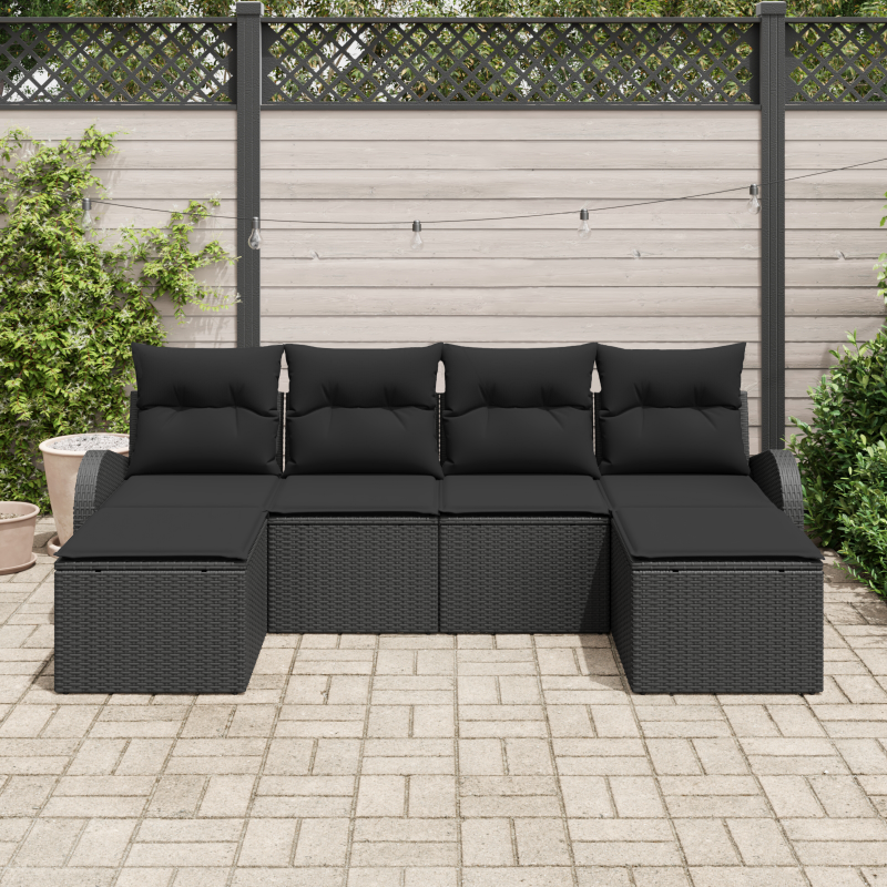 6-teiliges Garten-Sofaset mit Kissen Schwarz Poly-Rattan