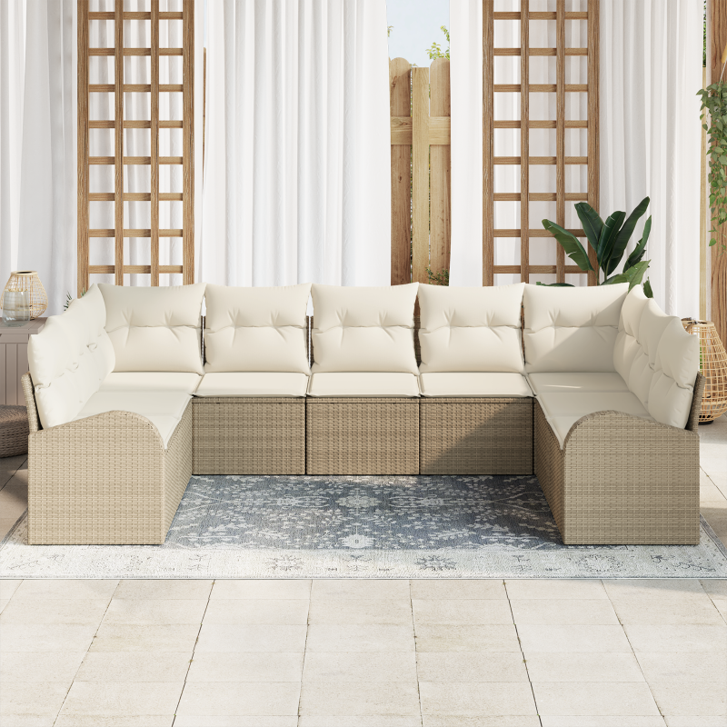 9-teiliges Garten Sofa Set mit Kissen Beige Poly Rattan