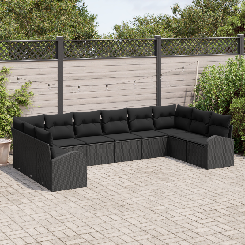 9-teiliges Garten-Sofa-Set mit Kissen - Schwarzes Poly-Rattan