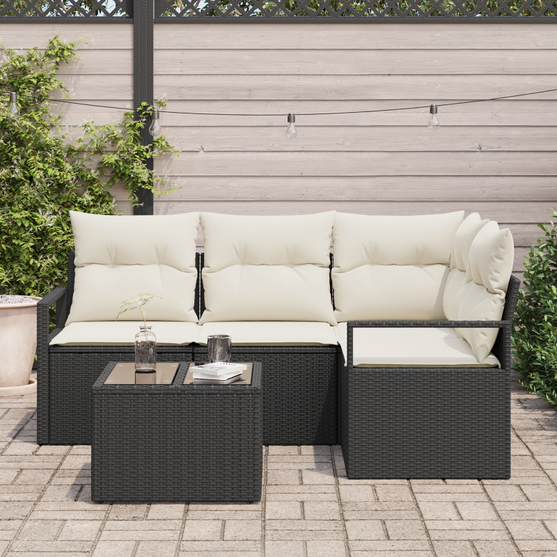 5-teiliges Garten-Sofaset mit Kissen Schwarz Poly-Rattan Akazie