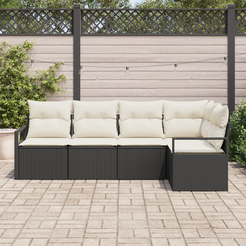 5-teiliges Gartensofa Set mit Kissen in Schwarz aus Polyrattan und Akazie