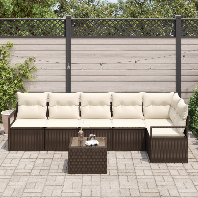 6-teiliges Garten-Sofa-Set mit Kissen aus beigem Poly-Rattan