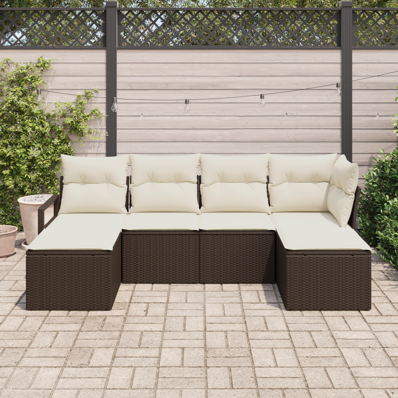 6-teiliges Garten-Sofa-Set mit Kissen Braun Poly Rattan