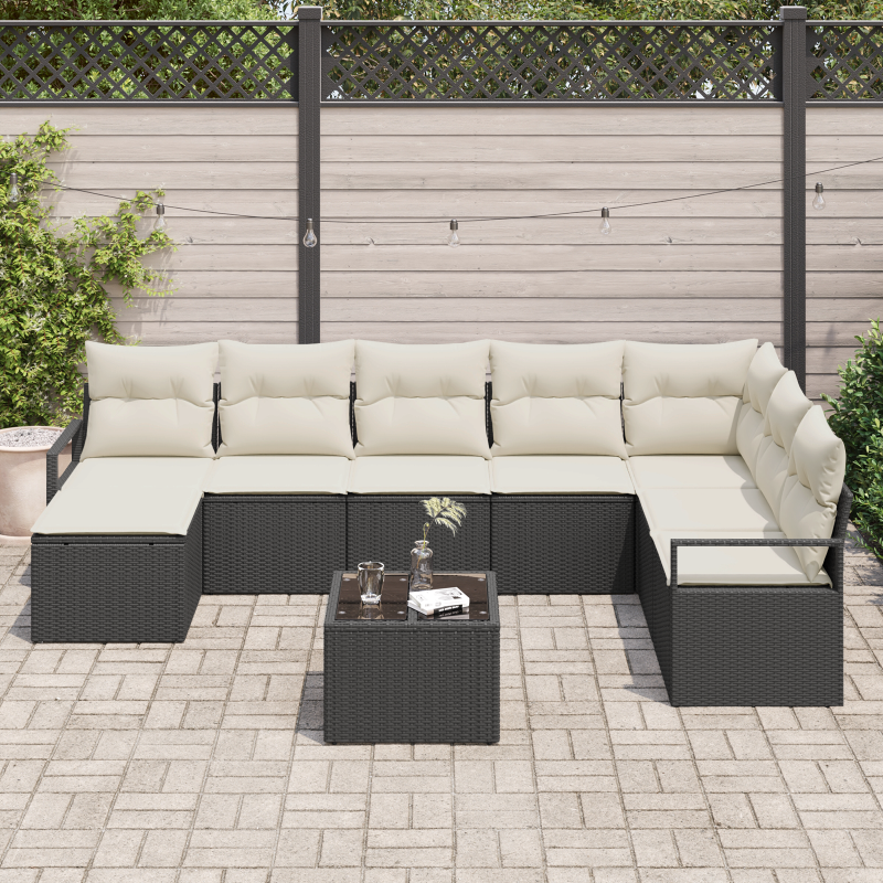 9-teiliges Garten-Sofa-Set mit Kissen, schwarzes Poly-Rattan