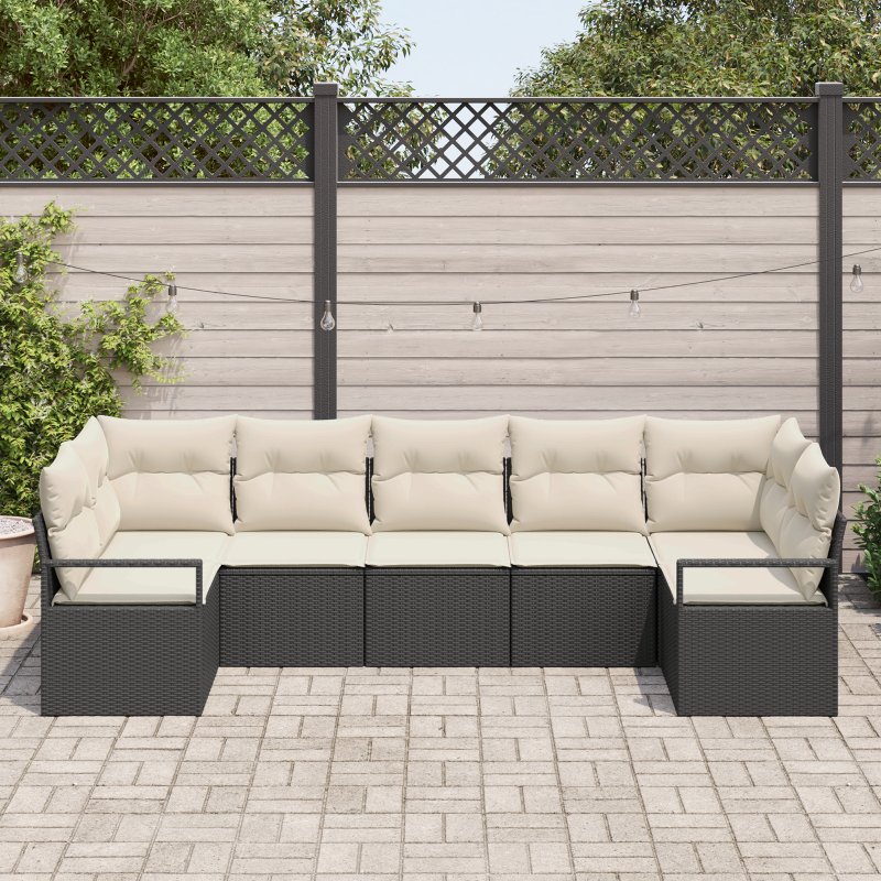 7-teiliges Garten Sofa Set mit Kissen Schwarz Poly-Rattan