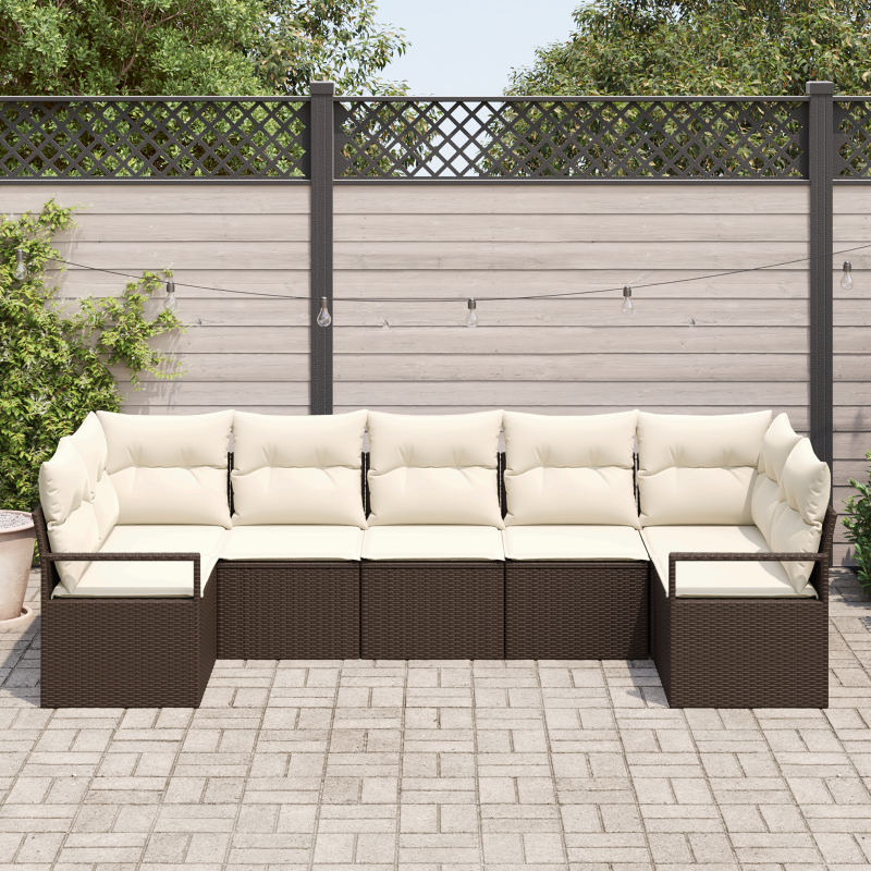 7-teiliges Garten-Sofa-Set mit Kissen in Braun Polyrattan