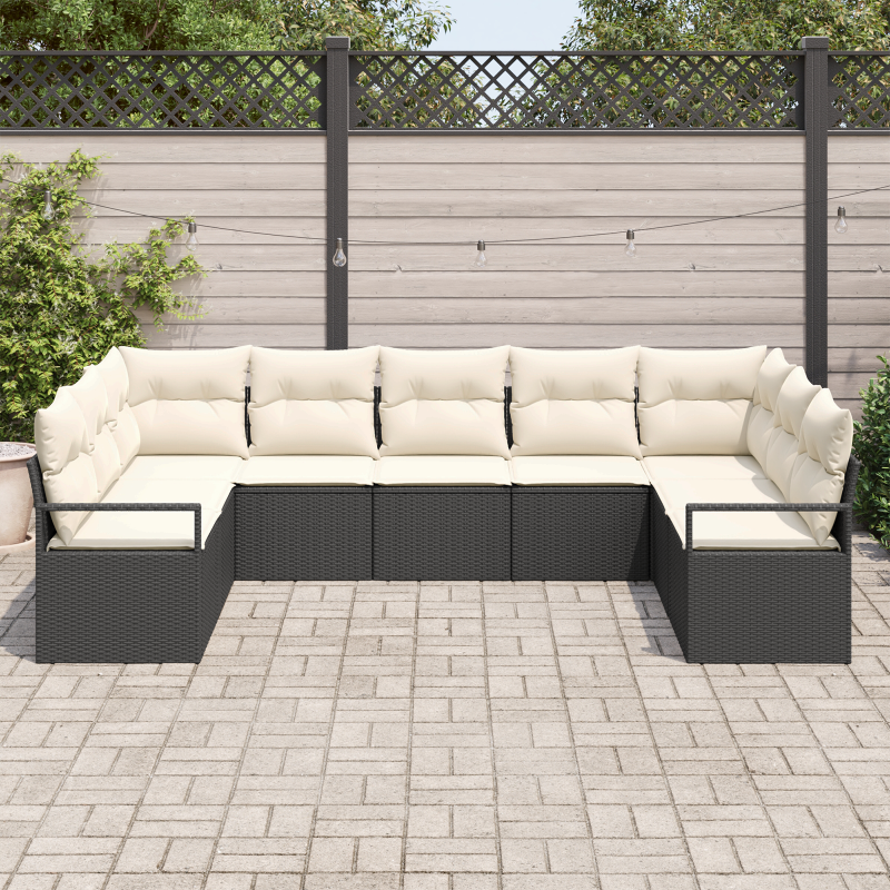 9-teiliges Garten-Sofa-Set mit Kissen - Schwarzes Poly-Rattan