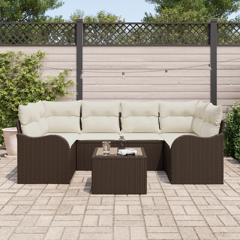 7-teiliges Gartensofa-Set mit Kissen Braun Poly Rattan