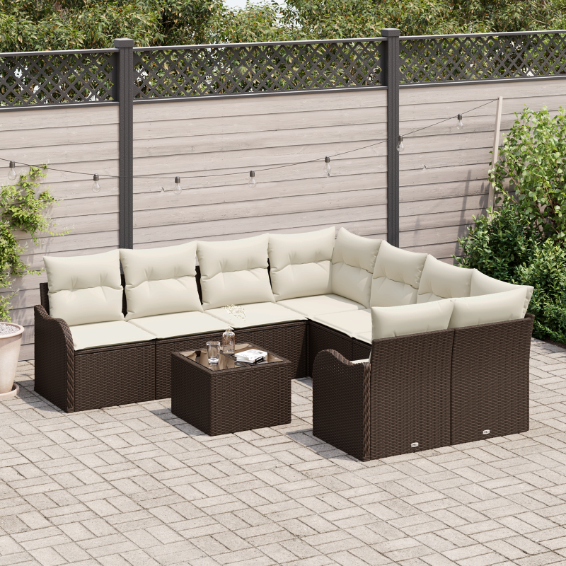 9-teiliges Garten Sofa Set mit Kissen Braunes Poly Rattan