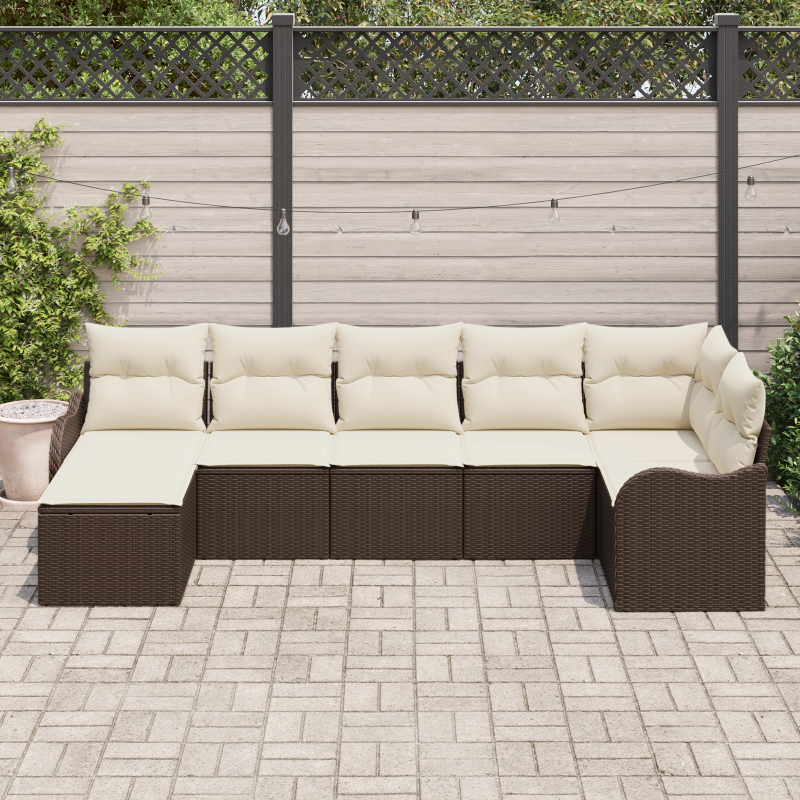 7-teiliges Garten Sofa Set mit Kissen Braun Poly Rattan