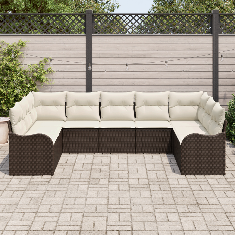 9 Teiliges Garten Sofa Set mit Kissen Braun Poly Rattan