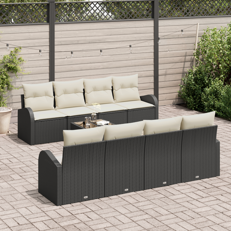 9-teiliges Garten-Sofa-Set mit Kissen Schwarz Poly Rattan