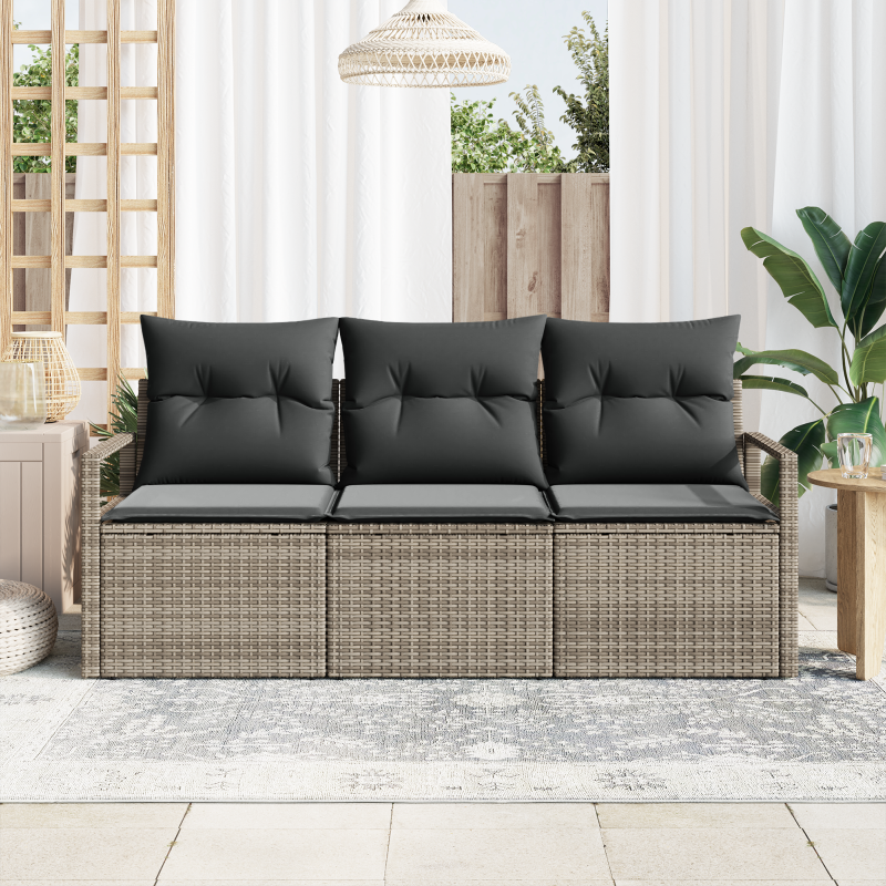 3-teiliges Garten-Sofa-Set mit Kissen Grau Poly Rattan