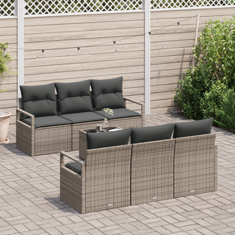 7-teiliges Garten-Sofa-Set mit Kissen Grau Poly Rattan