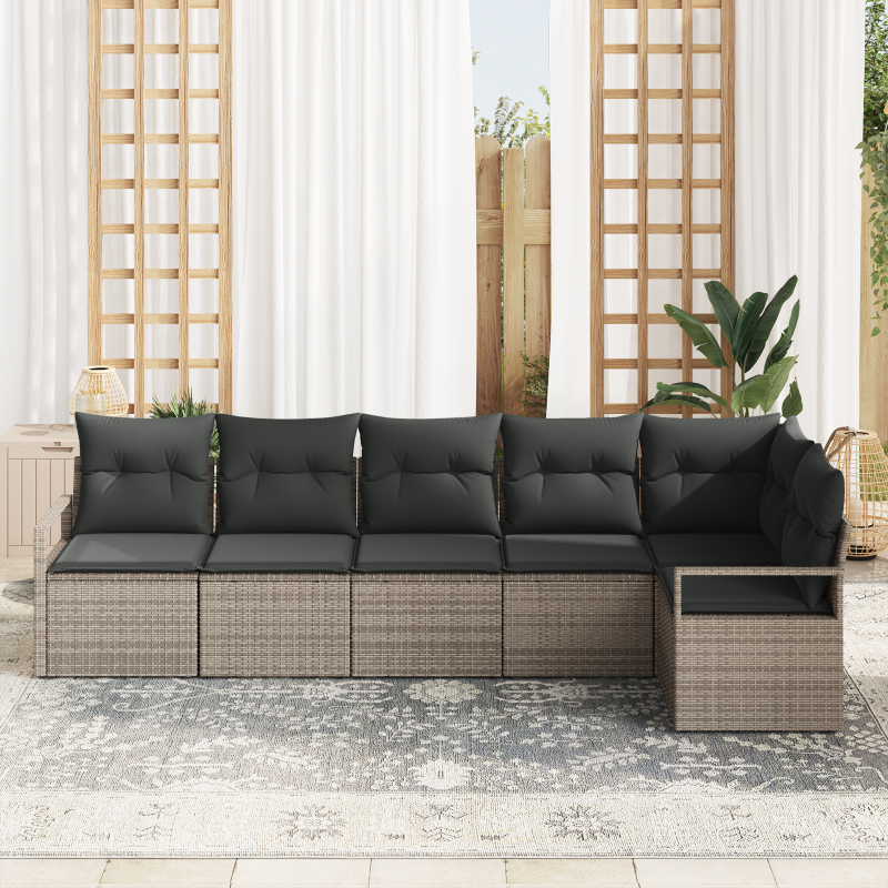 6-teiliges Garten Sofa Set mit Kissen Grau Poly Rattan