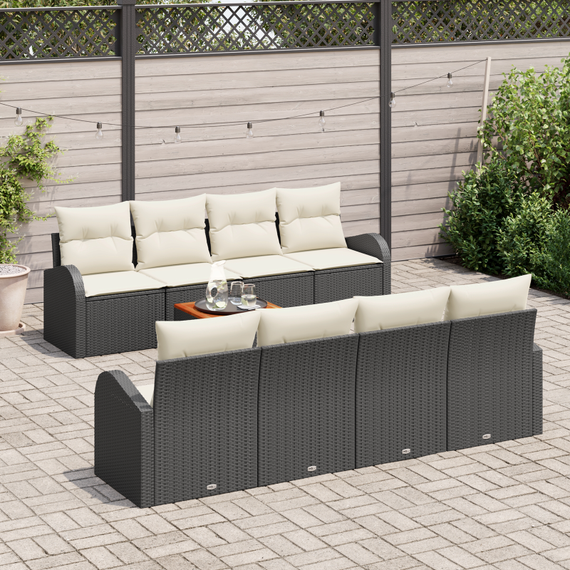9 teiliges Garten-Sofa-Set mit Kissen Schwarz Poly Rattan Akazie