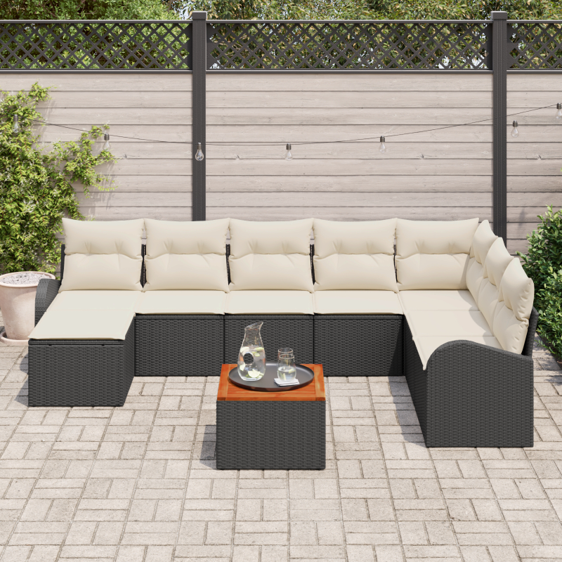 9-teiliges Garten Sofa Set mit Kissen Schwarz Poly Rattan Akazie