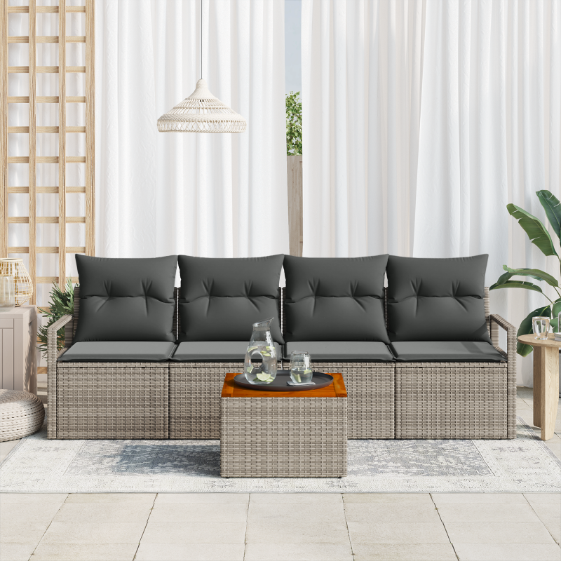 5-teiliges Garten-Sofa-Set mit Kissen Grau Poly-Rattan Akazie