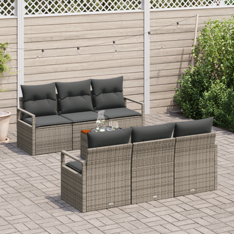 7 Teiliges Garten Sofa Set mit Kissen Grau Poly Rattan Akazie