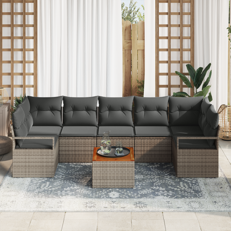 8-teiliges Garten Sofaset mit Kissen Grau Poly Rattan Akazie