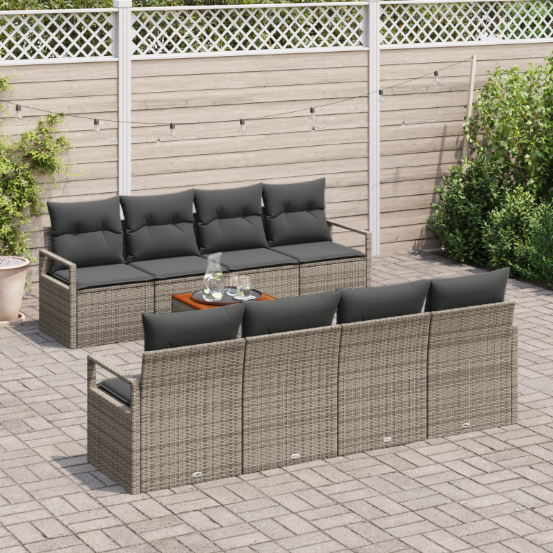 9-teiliges Garten-Sofa-Set mit Kissen Grau Poly-Rattan Akazie