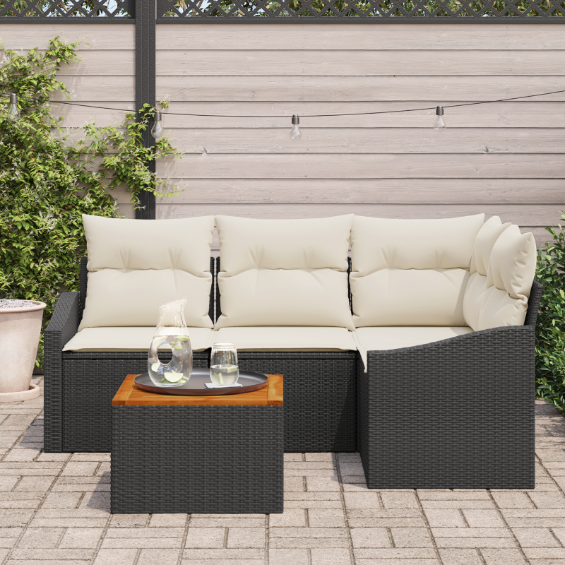 5-teiliges Garten-Sofa-Set mit Kissen Schwarz Poly-Rattan Akazie