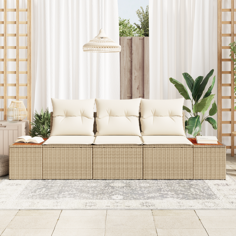 3-teiliges Garten Sofa Set mit Kissen Beige Poly Rattan Akazie
