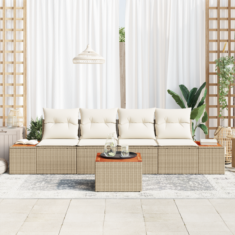 5-teiliges Garten Sofa Set mit Kissen Beige Poly Rattan Akazie