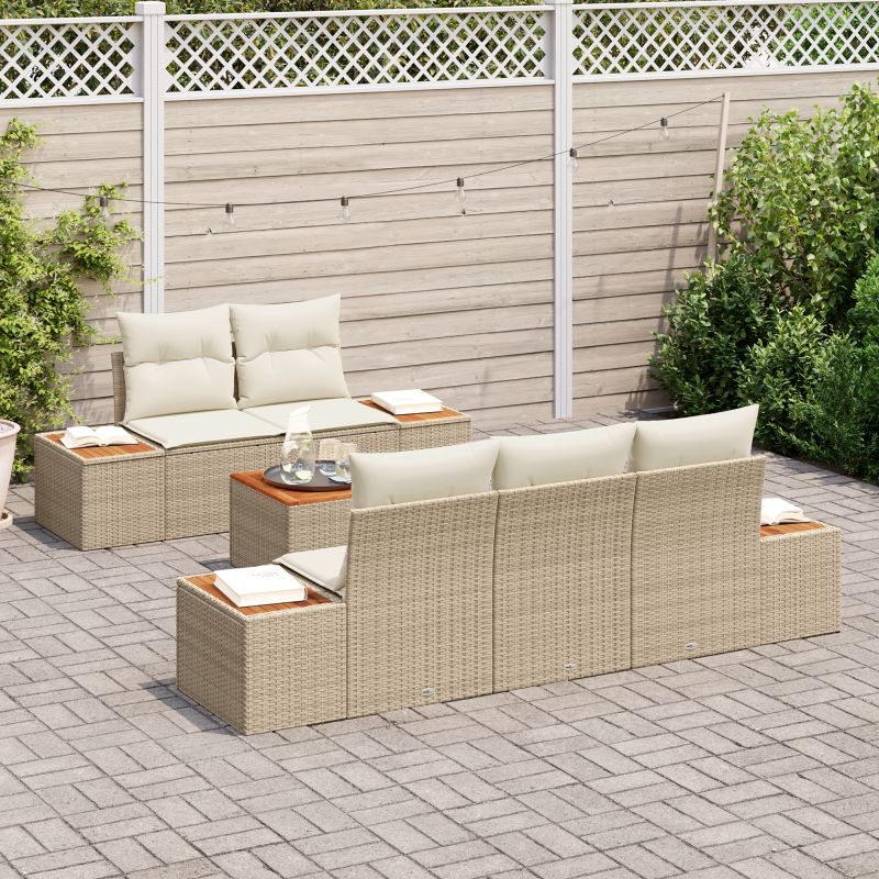 6-teilige Garten Sofa Set mit Kissen Beige Poly Rattan Akazie
