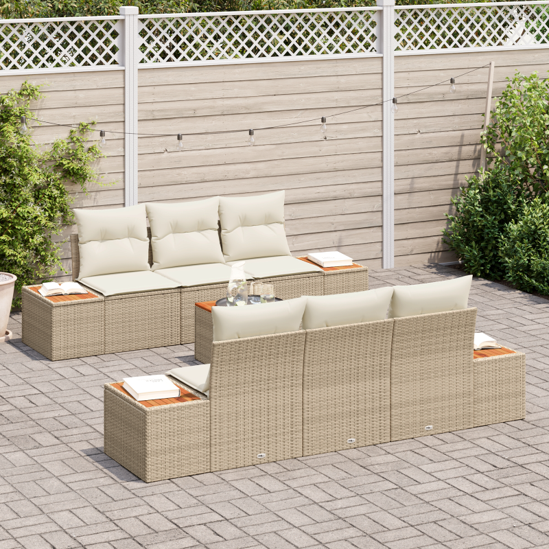 7-teiliges Garten-Sofa-Set mit Kissen Beige Poly-Rattan Akazie
