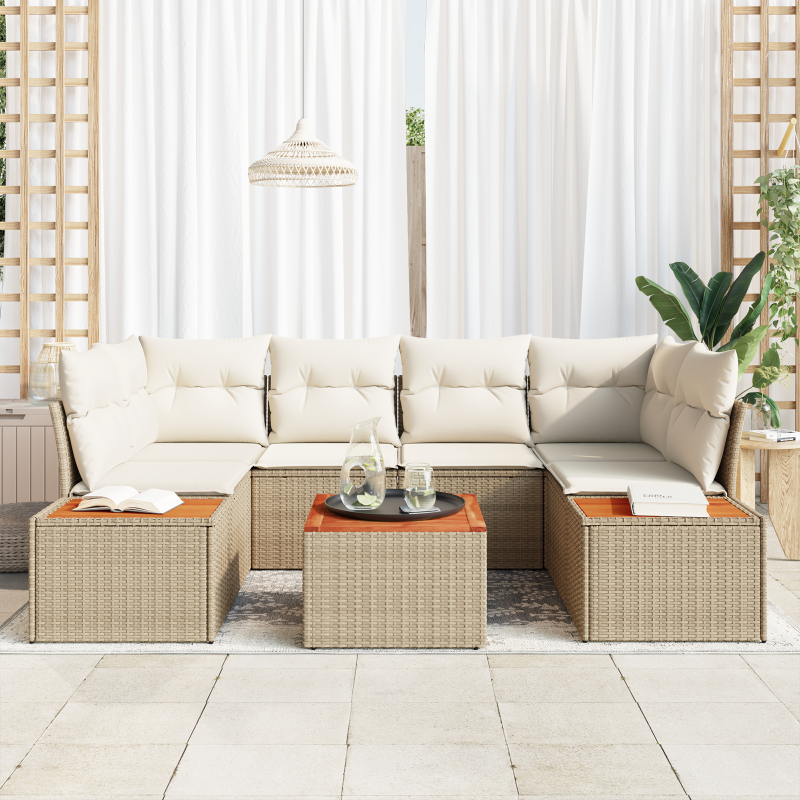 6-teiliges Garten Sofa Set mit Kissen Beige Poly Rattan Akazie