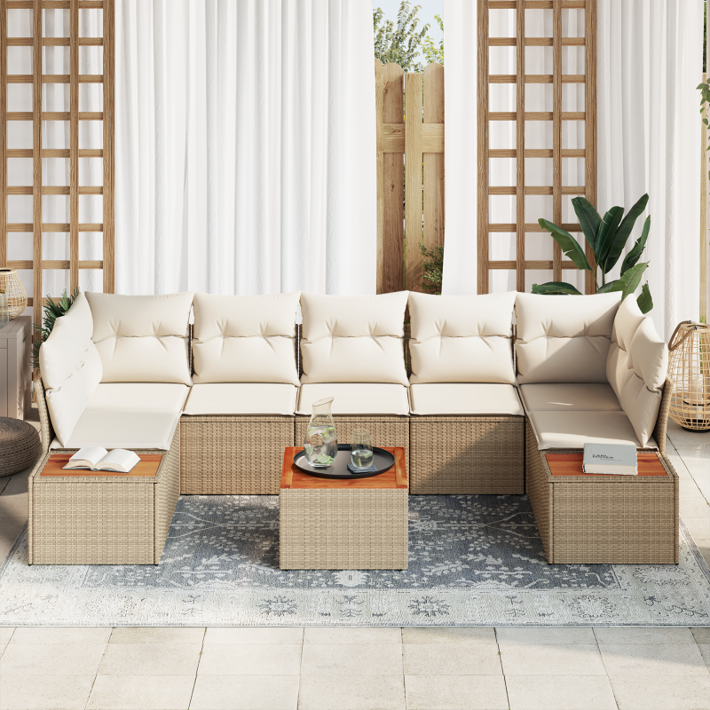 8-teiliges Garten-Sofa-Set mit Kissen Beige Poly-Rattan Akazie