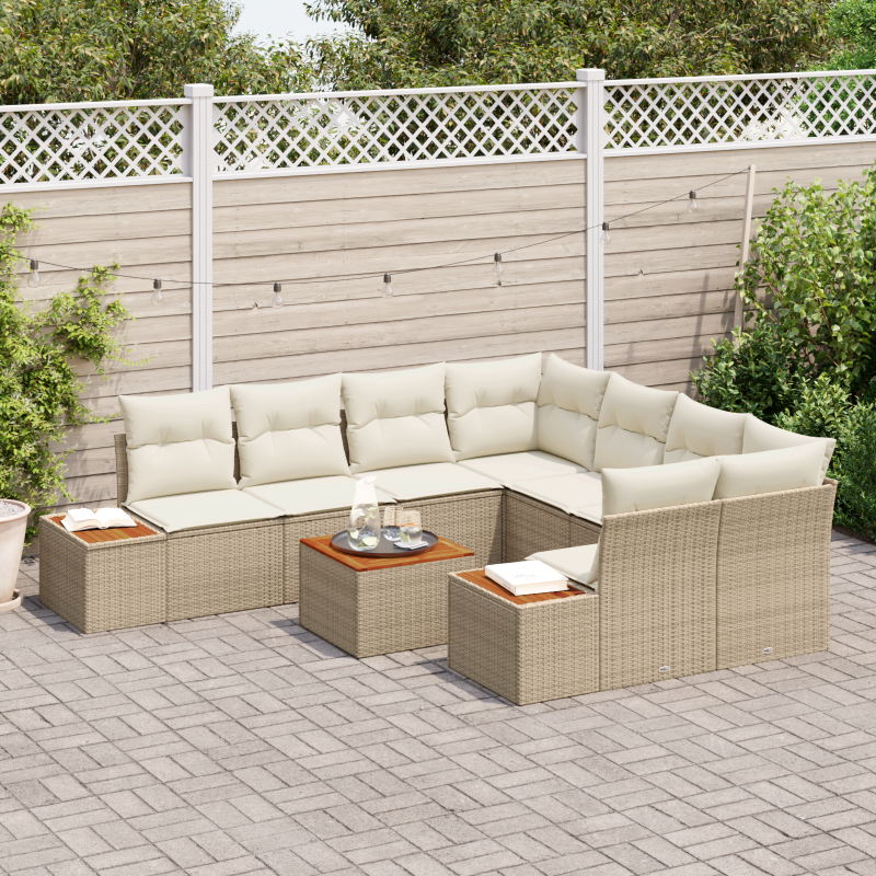 9-teilige Garten Sofagarnitur mit Kissen Beige Poly Rattan Akazie