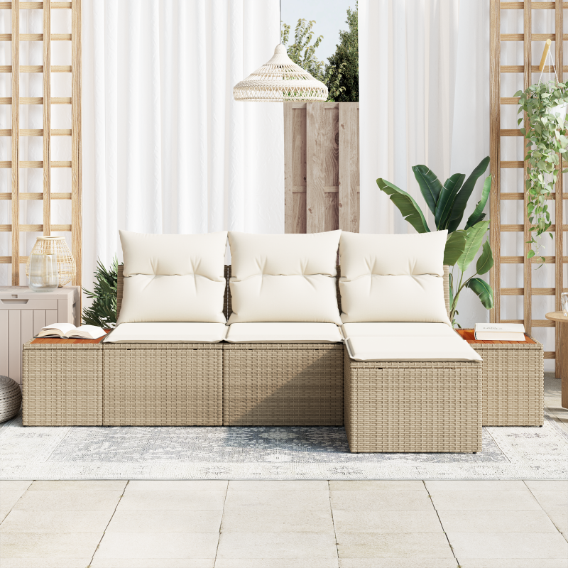 4-teiliges Garten Sofa Set mit Kissen Beige Poly Rattan Akazie
