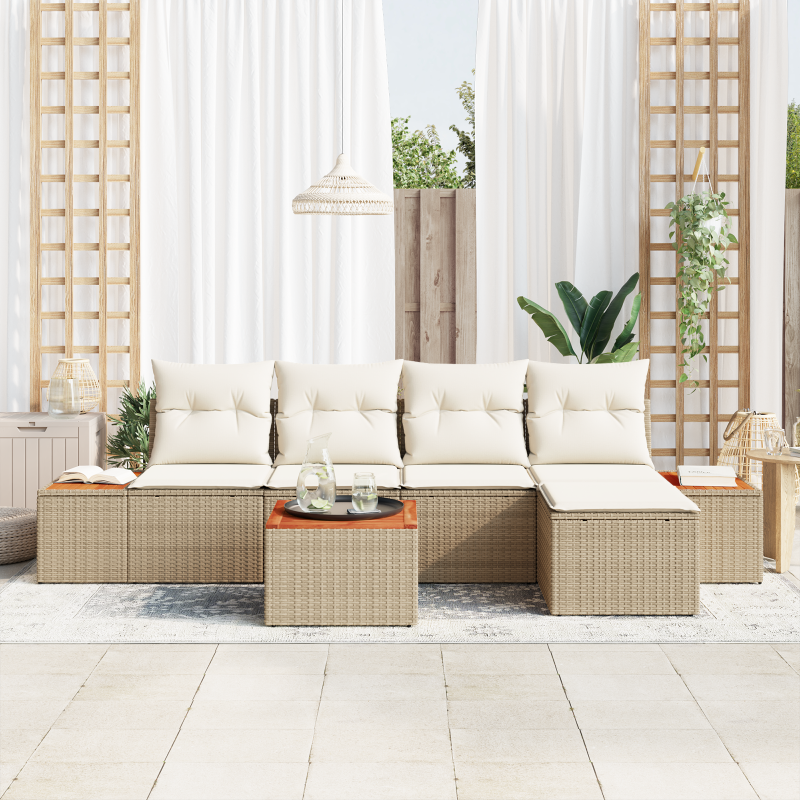 6-teiliges Garten Sofa Set mit Kissen Beige Poly Rattan Akazie