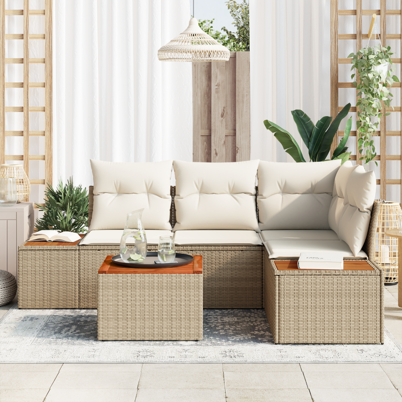 5-teiliges Garten-Sofa-Set mit Kissen Beige Poly-Rattan Akazie