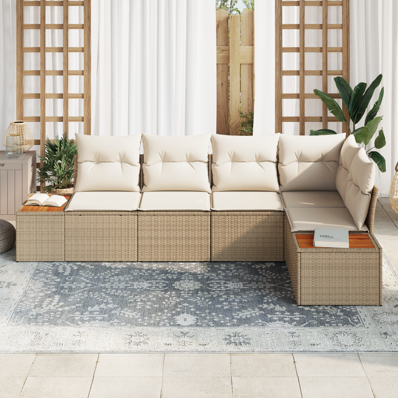 5-teiliges Garten Sofa Set mit Kissen Beige Poly Rattan Akazie