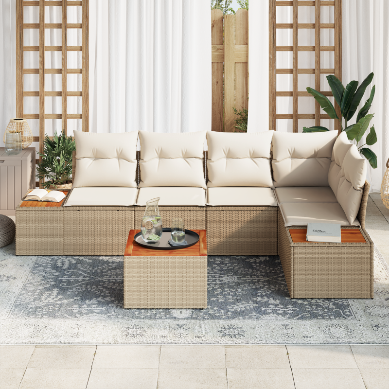 6-teiliges Garten-Sofa mit Kissen Beige Poly Rattan Akazie