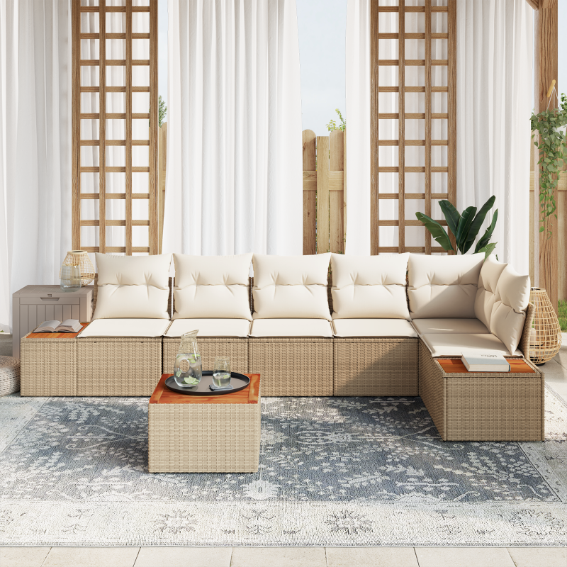 7-teiliges Garten Sofa Set mit Kissen Beige Poly Rattan Akazie