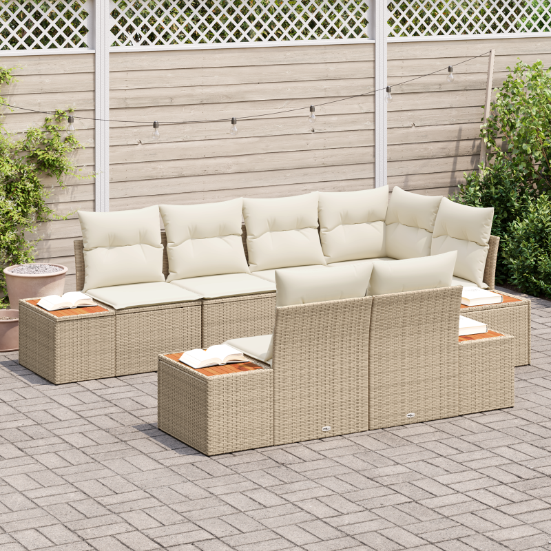 7-teilige Garten Sofa Set mit Kissen Beige Poly Rattan Akazie