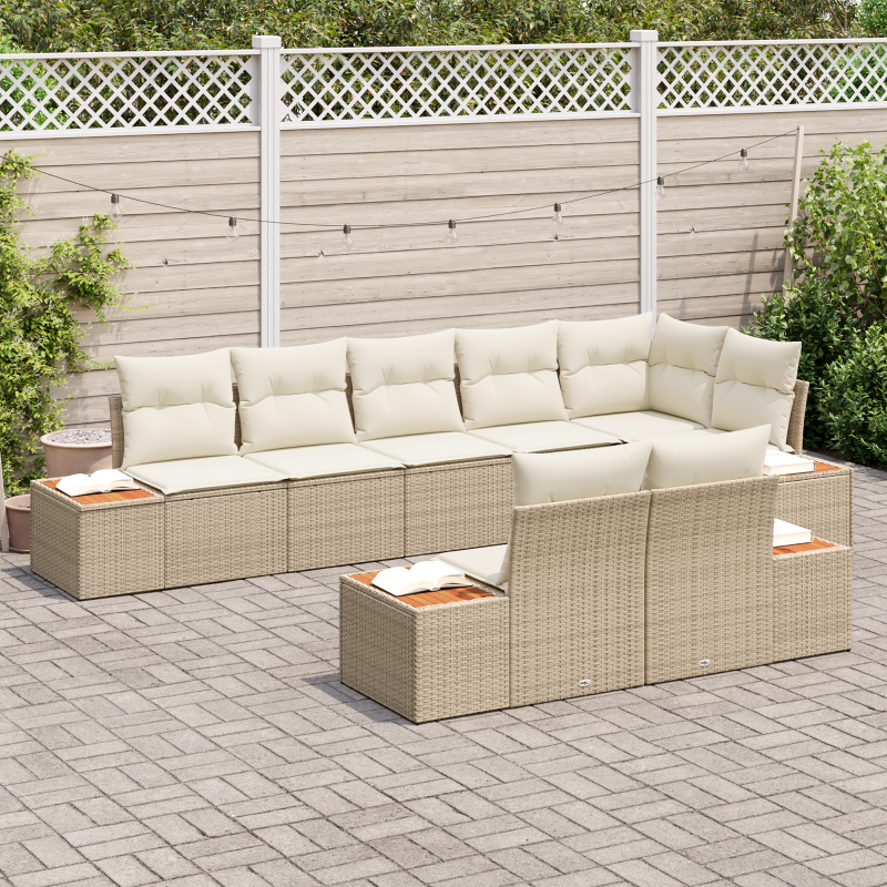 8-teiliges Garten-Sofa-Set mit Kissen beige Poly-Rattan Akazie