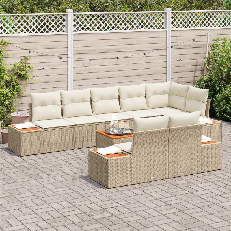 9-teiliges Garten-Sofa-Set mit Kissen Beiges Poly-Rattan Akazie