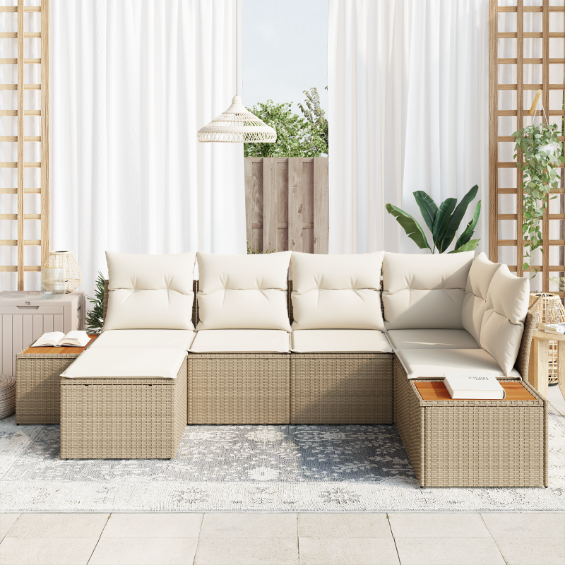 6-teiliges Garten Sofa Set mit Kissen Beiges Poly Rattan Akazie