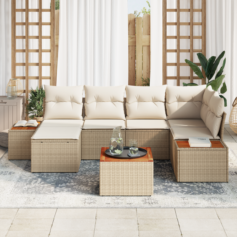 7-teiliges Garten-Sofa-Set mit Kissen in Beige aus Poly Rattan und Akazie