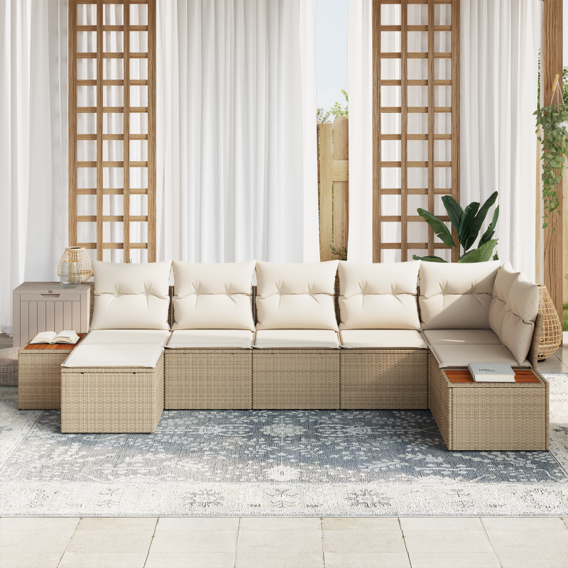 7-teiliges Garten Sofa Set mit Kissen Beige Poly Rattan Akazie