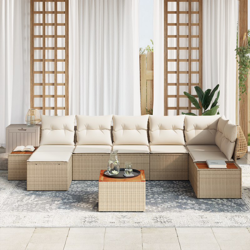 8-teiliges Garten Sofa Set mit Kissen in Beige Poly Rattan Akazie