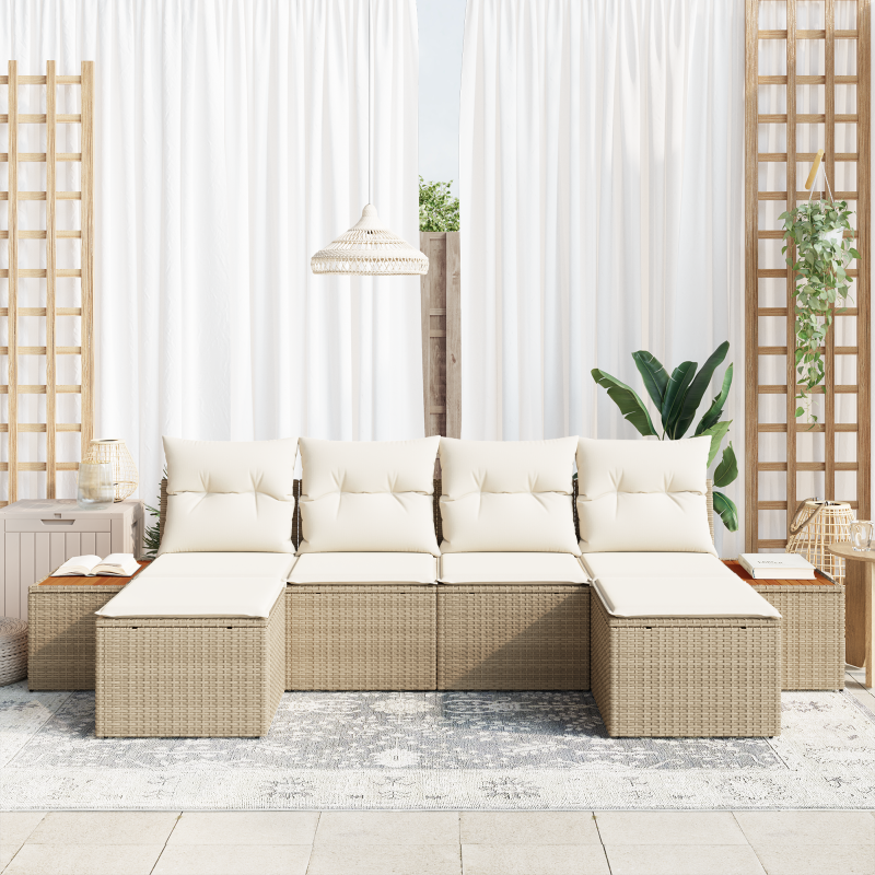 6-teiliges Garten-Sofa Set mit Kissen Beige Poly Rattan Akazie